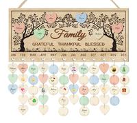 CHDITB 3D Personalized Family Tree Birthday Calendar(16"x8"), Rustic Grateful Thankful Blessed Birthday Reminder Wall Hanging, Wooden Birthday Decoration Chart with 100 Tags for Grandma Mom Gift
