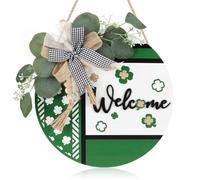 CHDITB 3D St Patrick's Day Welcome Door Sign, Rustic Green Shamrock Clover Decoration Wall Hanging with Bow Leaves Beads, Wooden Irish Lucky Spring St. Paddy's Day Decor for Front Door Porch Farmhouse