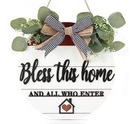 CHDITB 3D Wooden Door Sign - God Bless Our Home Welcome Porch Wall Sign With Bow-knot Wreath - Housewarming Gift for Kitchen, Entryway, Front Door