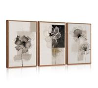 CHDITB 3pcs Abstract Neutral Floral Canvas Wall Art Framed,Large Black Flower Wall Decor,Boho Botanical Poster,Modern Minimalist Rustic Wildflower Painting for Living Room Bedroom Bathroom(30x40cm)