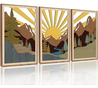 CHDITB 3Pcs Boho Geometric Mountain Landscape Wall Art Wooden National Park Panel Laser Cut Artwork Decor Modern Nature Sun Forest Wall Hanging Artwork for Bedroom Living Room Office(30x40cm)
