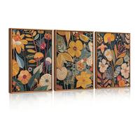 CHDITB 3Pcs Boho Orange Floral Framed Wall Art,Flower Canvas,Modern Botanical Canvas Wall Prints Brunt Rust Pictures Wall Decor,Fall Plant Painting for Living Room Bedroom Office(30x40cm)