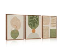 CHDITB 3Pcs Boho Sage Green Framed Canvas Wall Art Set,Abstract Minimalist Geometric Line Wall Decor,Modern Mid Century Beige Leaf Artwork for Living Room,Bedroom,Dining Room,Office(30x40cm)