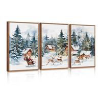 CHDITB 3PCS Christmas Santa Sleigh Deer Framed Canvas Wall Art Set, Reindeer Design Decor,Winter Snow Forest Tree Wall Painting,Christmas Art Print Decorations for Living Room Bedroom Office,30x40cm