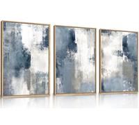 CHDITB 3pcs Large Abstract Brush Strokes Framed Canvas Wall Art Set,Navy Blue Gray Wall Decor,Modern Color Block Shape Artwork,Minimalist Neutral Blue Pictures for Living Room Bedroom Office(40x60cm)