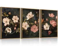 CHDITB 3Pcs Large Black Floral Framed Canvas Wall Art, Black Flower Canvas,Dark Moody Floral Art Prints,Modern Botanical Wildfower Abstract Wall Decor for Living Room Bedroom Office(40x60cm)