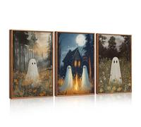CHDITB 3Pcs Spooky Ghost Halloween Canvas Wall Art Set,Halloween Party Gothic Wall Decor,Moonlit Cabin Art Cute Ghost Wall Painting,Vintage Country Landscape Art Prints for Living Room Bedroom,30x40cm