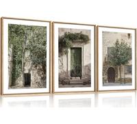 CHDITB 3Pcs Vintage Italy City Landscape Framed Canvas Wall Art Set,Sage Green Olive Tree Old House Wall Decor,Modern Mediterranean Country Cityscape Artwork for Living Room Bedroom(40x60cm)