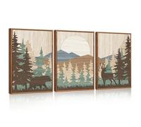 CHDITB 3Pcs Watercolor Woodland Bear Deer Wild Animals Framed Wall Art Retro Forest Mountain Sun Artwork Painting Adventure Themed Nature Landscape Posters Print for Living Room Bedroom(30x40cm)