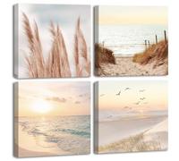 CHDITB 4pcs（40 * 40CM） Beach Wall Art Framed,Coastal Scenery Sunset Canvas Pictures,Beige Seascape Poster,Ocean Seagull Reed Canvas Paintings,Landscape Artworks for Bedroom Bathroom Living Room Decor