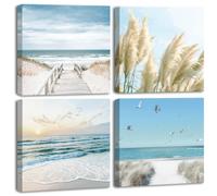 CHDITB 4pcs(40 * 40CM) Sea Beach Wall Art Prints,Sea Waves Canvas Prints,Coast Reed Pictures Paintings,Beach Sunrise Canvas Poster,Modern Seascape Poster Set for Living Room Bedroom Home Decorations