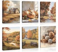 CHDITB 6pcs Autumn Landscape Framed Canvas Wall Art,Fall Seasonal Artwork, Nature Autumn Forest Wall Decor,Vintage Countryside Poster,Retro Aesthetic Art Prints For Living Room Kitchen Decor(20x25cm)