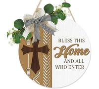 CHDITB Boho Bless This Home Front Door Sign Wreath(12"x12"), Wooden 3D Welcome Decoration Wall Hanging with Eucalyptus Leaves Plaid Bow, Rustic Religious Christian Cross Decor for Front Porch Outdoor