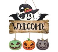 CHDITB Halloween DecorationDoor Hanging Sign,Halloween Welcome Front Door Hanging Sign Yard Wall Decor,Cute Ghost Pumpkin Wooden Wall Sign for Hallowmas Party Supplies Home Haunted House Decor