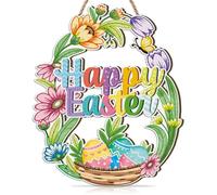 CHDITB Happy Easter Welcome Sign,Spring Easter Eggs Front Door Sign,Welcome Door Wreath,Colorful Flower Eggs Bunny Door Wreath Home Decor,Spring Holiday Wall Hanging Outdoor Porch Garden Home Decor