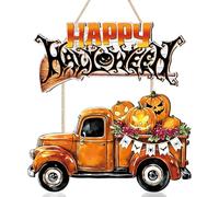 CHDITB Happy Halloween Door Signs,Fall Pumpkin Wooden Sign,Truck Broom Ghost Door Hanger,Horror Welcome Wall Sign,All Saints' Day Wall Ghost Hanging,Vintage Rustic Halloween Decor for Home Porch Party