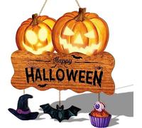 CHDITB Happy Halloween Wood Welcome Sign, Funny Pumpkin Halloween Wooden Decorations Plaque 12 x 14 Inch, Witch Bat Porch Wood Yard Signs Hallo ween Outdoor Sign for Haunted House Front Door Decor