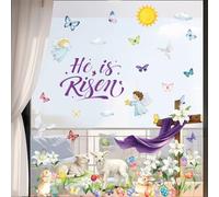 CHDITB He is Risen Christian Easter Wall Stickers Decorations,Religious Easter Window Clings Stickers,Cross Lamb Bunny Decals,Spring Christian Lily Flower Butterfly Egg Living Room Kitchen Decor