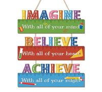 CHDITB Imagine Believe Achieve Front Door Sign, Wooden Classroom Teacher Decoration Wall Hanging, Inspirational Motivational Quote Decor for Daycare School