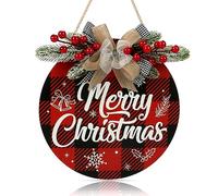 CHDITB Merry Christmas Hanging Decor Welcome Wreath Hanging Sign Christmas Ornament Decoration Rustic Burlap Wooden Holiday Decor for Front Door,Red and Black(11.4x11.4inch)