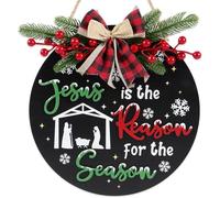 CHDITB Merry Christmas Sign,3D Xmas Front Door Sign Wreath,Jesus is The Reason for The Season Wall Decor,Snowflakes Christmas Decoration Wall Hanging,Wooden Winter Xmas Decor for Porch Indoor