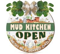 CHDITB Mud Kitchen Open Sign Funny Kids Outdoor Play Area Decor Rustic Outdoor Plaque with Eucalyptus Bow Garden Playhouse Hanging Plaque Toys Accessories Gift for Little Gardeners