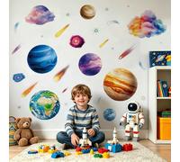 CHDITB Solar System Planet Wall Stickers Colorful Galaxy Nebula Comet Wall Decals Space Themed Decor for Kids Nursery Watercolor Earth Jupiter Stickers for Boy’s Bedroom Playroom Classroom