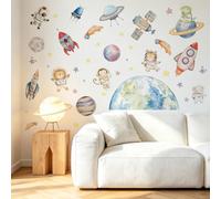CHDITB Space Animal Astronaut Wall Stickers Watercolor Outer Space Cute Safari Animals Wall Decals for Playroom Home Rocket Planet Earth Star Themed Art Decal for Kids Bedroom Nursery Living Room