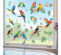 CHDITB Tropical Parrots Wall Stickers Toucan Birds Window Clings Jungle Parrot Green Plant Window Decor for Bathroom Living Room Palm Leaf Hawaiian Summer Party Glass Decor for Sliding Door