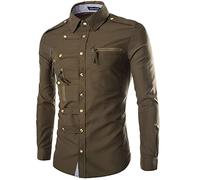 CHDWEY Shirt Men Slim fitting long sleeve shirt for men's shirt Complex multi button shirt(Army Green,Asian Size L)