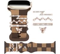 Cheakered Strap for Apple watch band 38mm 40mm 41mm 42mm for Women with Bling Bee Charms, Soft Silicone Sport Bracelet for iWatch Bands Series 11 10 9 8 7 6 5 4 3 SE Girl Gift Coffee