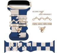 Cheakered Strap for Apple watch band Series 11 10 9 8 7 6 5 4 3 SE for Women with Bling Bee Charms, Soft Silicone Sport Bracelet for iWatch Bands 38mm 40mm 41mm 42mm Girl Gift Blue