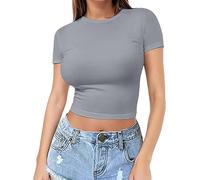 Cheap Items Women's Basic Slim Fit Tshirts Going Out Cute Short Sleeve Y2K Tops Crop Blousers Club Party Aesthetic Streetwear Stretchy Womens Oversized Gym T Shirt