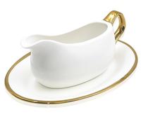 Cheardia 14 oz Gravy Boat with Tray, White Ceramic Sauce Boat with Gold Trim, Ergonomic Handle and Big Dripless Lip Spout for Salad Dressings, Creamer, Broth, Black Pepper
