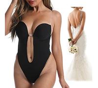 CheChury Backless Body Shaper Women's U Plunge Bodysuit Clear Straps Shapewear for Women Tummy Control Underwear for Party/Wedding,Black,L
