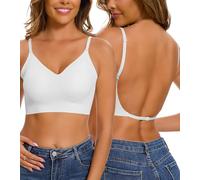 CheChury Backless Bras for Women Low Back Deep V Plunge Bra Wirefree Seamless Bra Spaghetti Strap Convertible Push Up Bralette with Padding Removeable,White,S