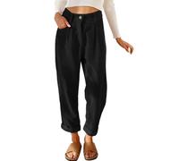 CheChury Corduroy Trousers Women Casual High Waisted Straight Leg Trousers with Pockets Loose Fit Bottoms Vintage 3/4 Elasticated Waist Ladies Cord Pants Office Full Length,Black,M