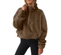 CheChury Half Zip Fleece Women Oversized Sweatshirt with Pockets Cropped Jumper Long Sleeve Pullover Stand Collar Fluffy Jumpers Warm Teddy Fleece Tops Ladies Sweatshirts without Hood,Brown,L