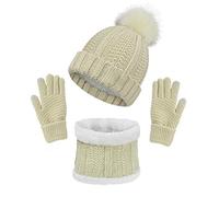 CheChury Hat and Scarf Set for Women Touch Screen Gloves Fleece Lined Winter Warm Beanie Hat with Pom Pom Knitted Bobble Hat Neck Warmer Loop Scarf Touchscreen Gloves 3 Pieces, Beige