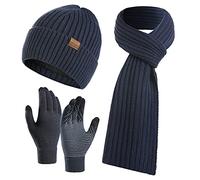 CheChury Hat Scarf Gloves Set for Men Fashion Simple Thicken Warm Fleece Lining Knitted Beanie Cap Slouchy Long Scarf and Touch Screen Gloves Unisex 3 In 1 Set for Daily Use Outdoor Sports
