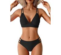 CheChury High Waisted Bikini Sets for Women Tummy Control Push Up Bikini Padded V Neck Straps Cross Mid Rise Triangle Bikini Swimming Costume Women 2 Piece Swimsuit Bathing Suit Swimwear,Black,XL