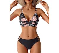 CheChury High Waisted Bikini Sets for Women Tummy Control Push Up Bikini Padded V Neck Straps Cross Mid Rise Triangle Bikini Swimming Costume Women 2 Piece Swimsuit Bathing Suit Swimwear,Pink,L