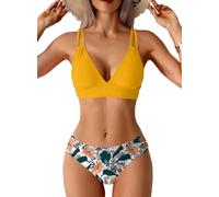 CheChury High Waisted Bikini Sets for Women Tummy Control Push Up Bikini Padded V Neck Straps Cross Mid Rise Triangle Bikini Swimming Costume Women 2 Piece Swimsuit Bathing Suit Swimwear,Yellow,XL