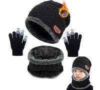 CheChury Kids Knitted Beanie Hat Circle Scarf and Gloves Set Super Soft Fleece Inner Lining Warm Hat Neck Warmer and Gloves Set for Outdoor 3-11 Years old,A-Black,One size