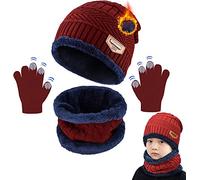 CheChury Kids Knitted Beanie Hat Circle Scarf and Gloves Set Super Soft Fleece Inner Lining Warm Hat Neck Warmer and Gloves Set for Outdoor 3-11 Years old,A-Red,One size