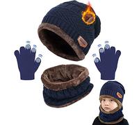 CheChury Kids Knitted Beanie Hat Circle Scarf and Gloves Set Super Soft Fleece Inner Lining Warm Hat Neck Warmer and Gloves Set for Outdoor 3-11 Years old,A-Navy,One size