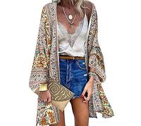 CheChury Kimono Cardigans for Women Bohemian Tops Beach Coverups Floral Print 3/4 Sleeve Kimono Swimsuit Cover Up Beachwear Shawl Casual Blouse Top Boho Summer Ladies Cardigan,Beige,XL