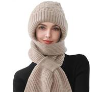 CheChury Knitted Hat with Integrated Scarf Womens 2 in 1 Winter Fleece Lined Knitted Beanie Hooded Windproof Cap Scarf Set, Light Tan