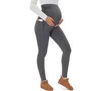 CheChury Maternity Leggings High Waisted Over Bump Leggings with Pockets Stretchy Belly Support Pregnancy Trousers Women Double Layer Wide Waistband Pants,Grey,XL