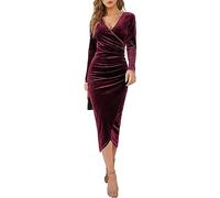 CheChury Maxi Dresses for Women UK Velvet Ruched V-Neck Dress Bodycon Split Dress Slit Wrap Dress Elegant Wedding Cocktail Party Dress Fall Winter